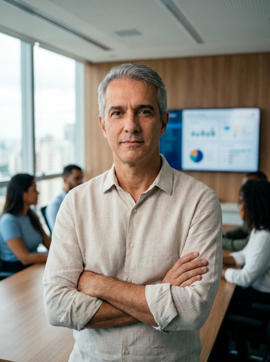 Diretor executivo em sala de reunião com dashboard ao fundo