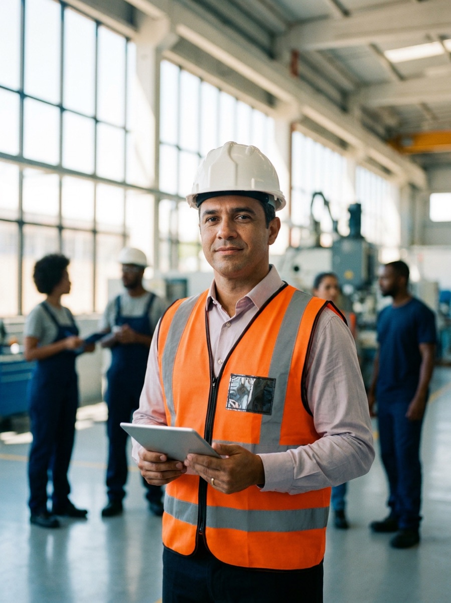 Técnico de segurança do trabalho com tablet no chão de fábrica